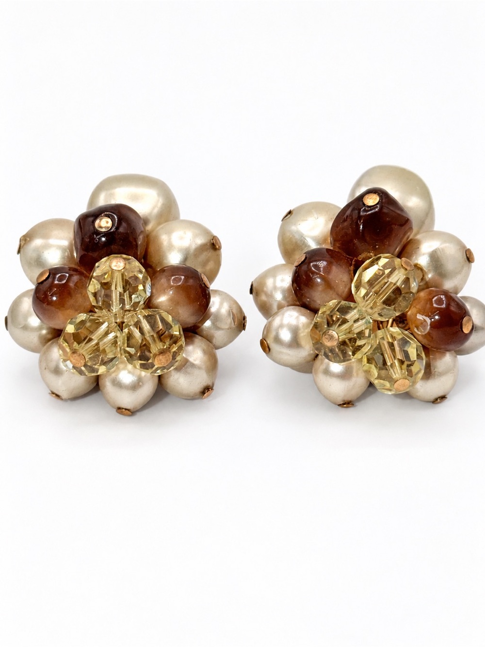 Pearl and Amber Cluster Clip-On Earrings - Champagne and Brown